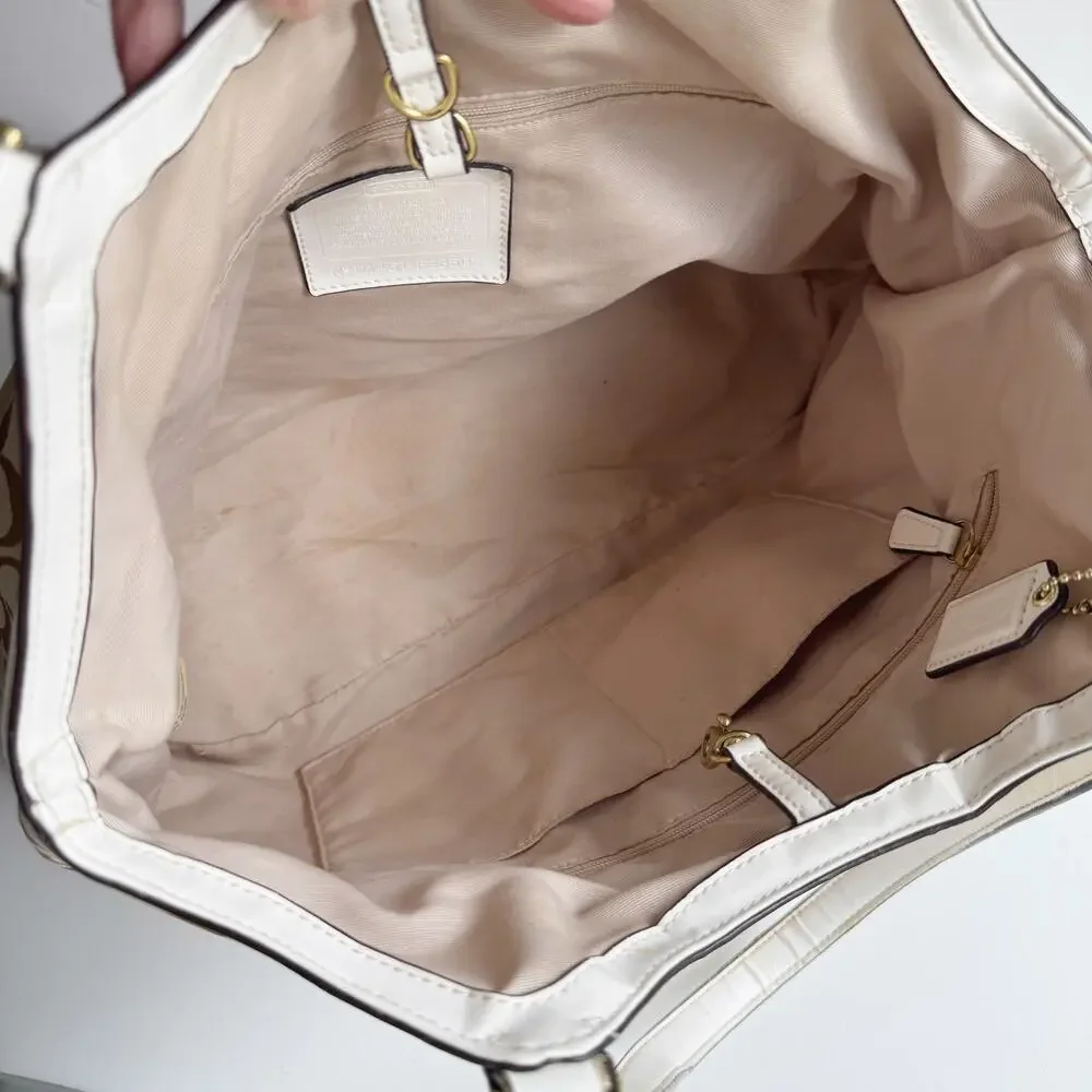 Coach Signature Monogram Satin Stripe Tan Canvas White Leather Devin Bag